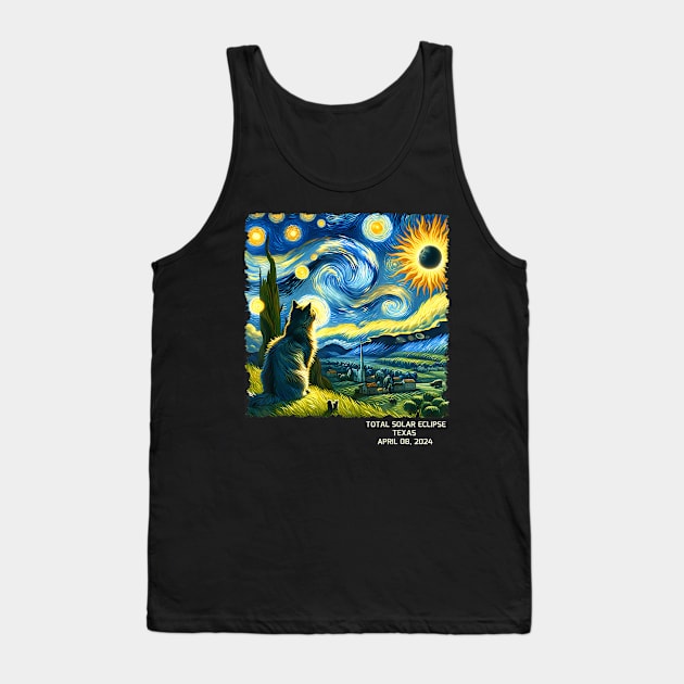 Total Solar Eclipse April 08 2024 Texas Starry Night Cat Tank Top by Diana-Arts-C